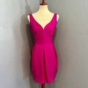 VTG 90s Hot Pink Fuchsia V-Neck Pleated Fit & Flare Cocktail Mini Dress, Size 8